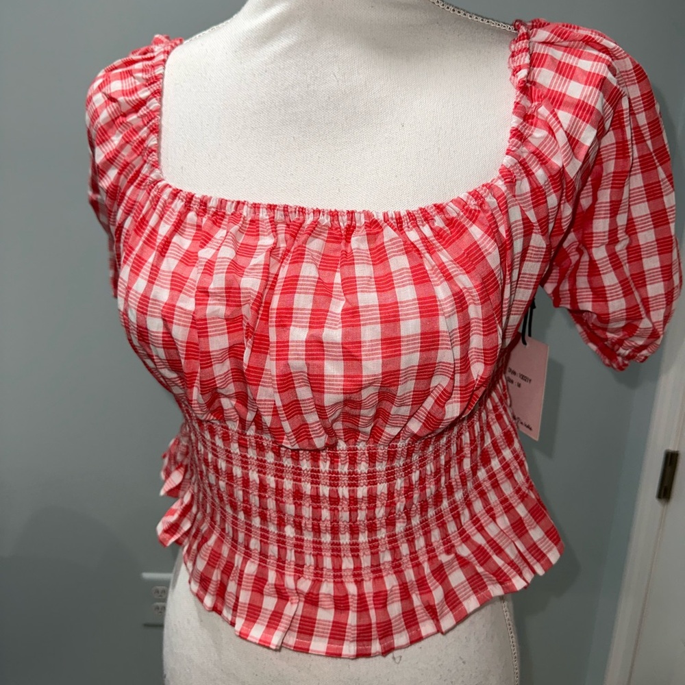 gingham red and white puff sleeve blouse medium nwt